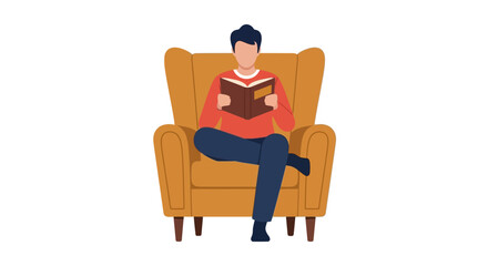 Fototapeta premium Man Sitting in Comfortable Armchair Reading a Book Flat Vector Illustration Isolated on White Background
