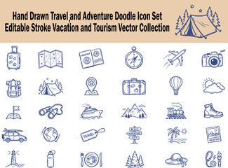 Hand Drawn Travel and Adventure Doodle Icon Set – Editable Stroke Vacation and Tourism Vector Collection © Ibrahim art galary