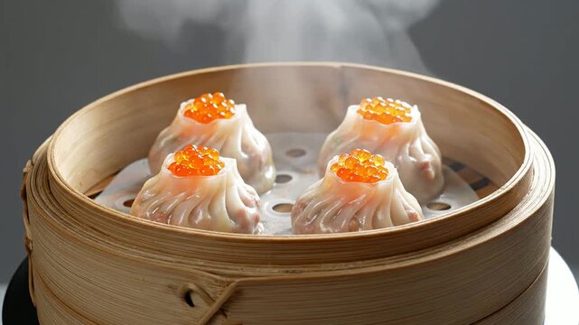 Steaming Bamboo Steamer Basket With Four Gourmet Siomai Dumplings Garnished With Fish Roe Against Soft Focus Background