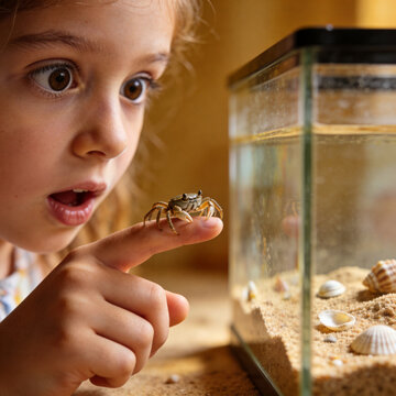Fascinated little girl with open mouth carefully inspects a tiny crab held gently on her fingertip, near a beach-themed glass tank.
