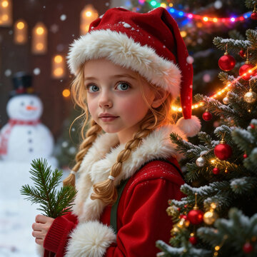 Adorable Young Girl in Santa Attire Holds Pine Branch by Snowy Christmas Tree and Blurred Snowman
