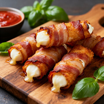 Golden-Fried Mozzarella Sticks Wrapped in Crispy Bacon, with Melted Cheese Oozing Out, Served with Fresh Basil and Marinara Dip.