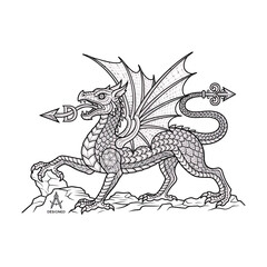 Fototapeta premium Intricate Line Art Illustration of a Welsh Dragon Featuring Detailed Scales and Geometric Pattern Design for Heraldic or Cultural Art