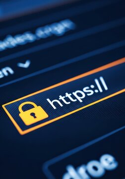 Cybersecurity Concept: Close-up of HTTPS Protocol and Padlock Icon on a Digital Screen for Secure Web Browsing