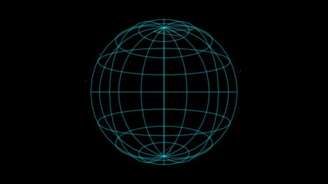 Blue digital wireframe globe spinning on a black background for technology and global network concepts.