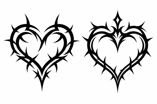 Two black heart shapes with sharp thorns isolated on a white background