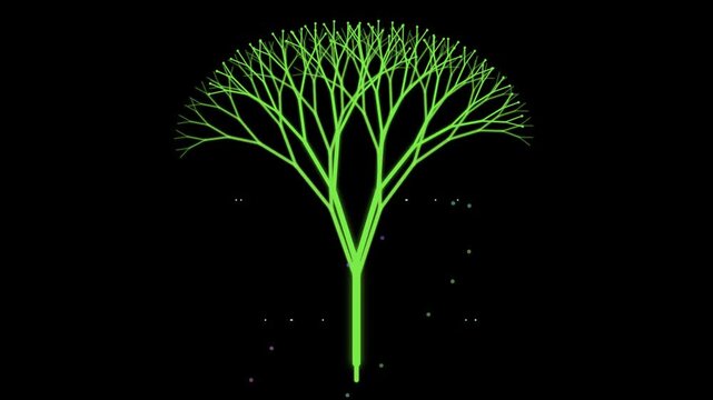 Growing fractal tree animation changing color from blue to green on black background