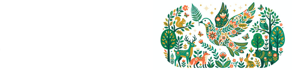 Fototapeta premium Stylized nature composition with bird and forest animals floral elements vector graphic design art.