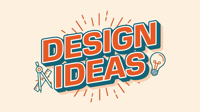 Retro Style Graphic Resource for Design Ideas, Featuring Bold 3D Typography, Compass Tools, and Lightbulb Icons Representing Creative Planning and Innovation