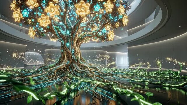 Bio-digital symbiosis tree art installation featuring glowing fiber optic roots and foliage in a minimalist modern office