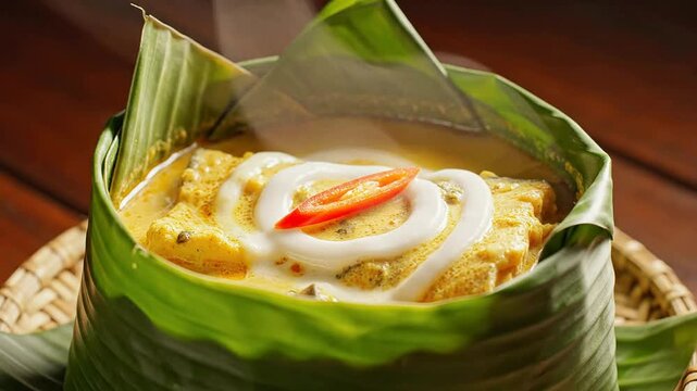Steaming Cambodian Amok Fish Curry Served in a Decorative Banana Leaf Cup with Aromatic Presentation