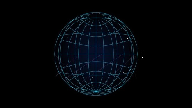 Rotating blue digital wireframe globe with orbiting data nodes