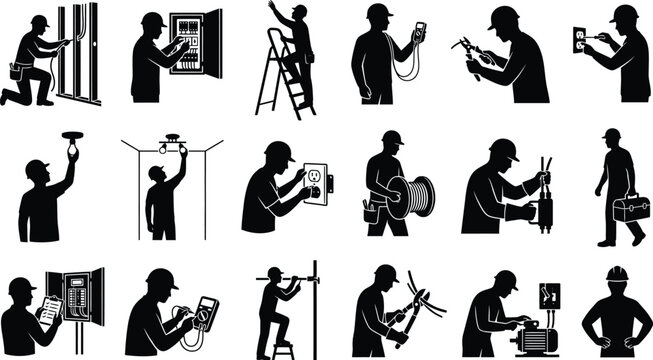 Electrician Worker Silhouette Icons Set with Electrical Installation Repair Maintenance and Inspection Vector Collection