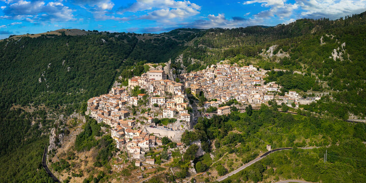 Cervara di Roma Italy 8k high resolution panoramic view of medieval hilltop town. Big size world print of historic cliff village among hills near Rome before sunset golden hour horizontal photo