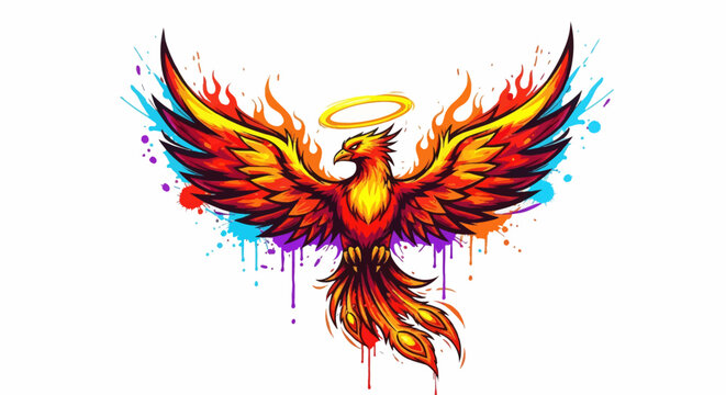 Vibrant phoenix bird with colorful wings and halo