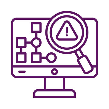 Cybersecurity alert icon computer monitor with magnifying glass isolated on transparent background