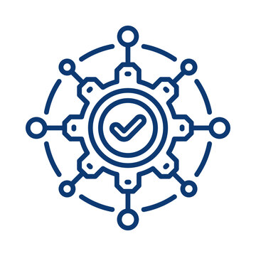Quality assurance gear icon check mark inside gears isolated on transparent background