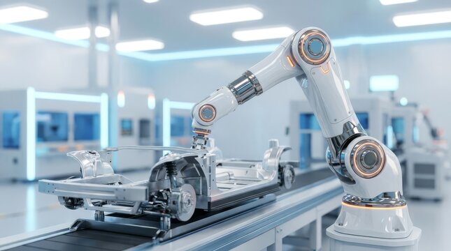 Robotic arm assembling car chassis on automated factory conveyor belt