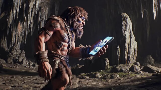 Caveman examining glowing smartphone while walking through cave, ideal for mobile discovery, app trust, digital curiosity, screen dependence, user hesitation, and technology adaptation satire