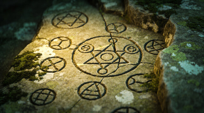 mystical magic circle symbol carved on ancient stone ground