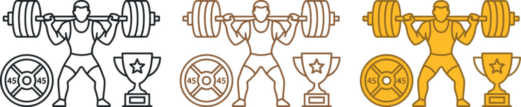 Set of weightlifting icons with barbell, weight plate, and trophy