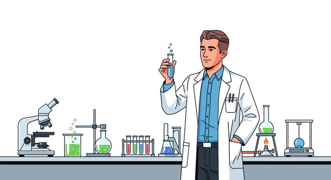 Scientist in lab coat holding test tube with blue liquid isolated on white background vector