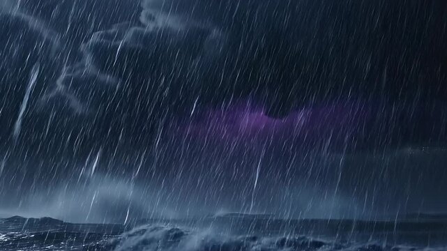 Storm raging over ocean wide shot with heavy rain, lightning clouds, and rough waves, built for severe weather warning, climate danger, disaster response, marine risk, and emergency preparedness