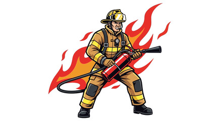 Fototapeta premium Fireman in uniform holding fire extinguisher on white background vector