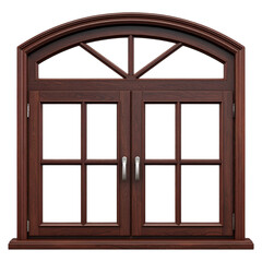 Fototapeta premium Standard brown wood frame casement window with semi circular arch top multiple glass segments traditional cottage style house building decoration element
