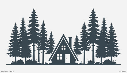 Obraz premium Forest cabin silhouette in pine trees vector illustration rustic wooden house nature landscape