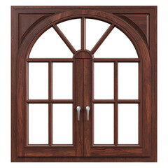 Fototapeta premium Sophisticated dark brown wood arched window frame containing structural glass dividers professional architectural design model vintage house modeling component