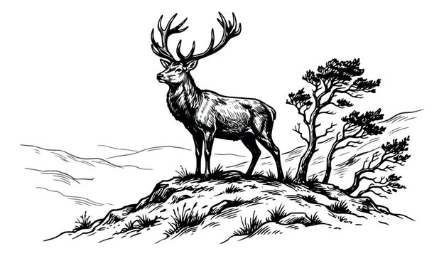 Vintage deer engraving, majestic stag with antlers on mountain peak, hand drawn wildlife vector illustration, rustic forest animal sketch