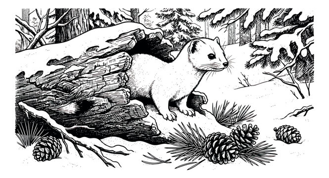 Vintage woodcut ermine in winter forest, black and white stoat vector illustration, wild weasel emerging from hollow log in snowy woods