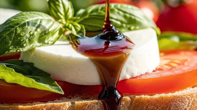 Balsamic glaze drips onto a fresh caprese salad on toasted bread.