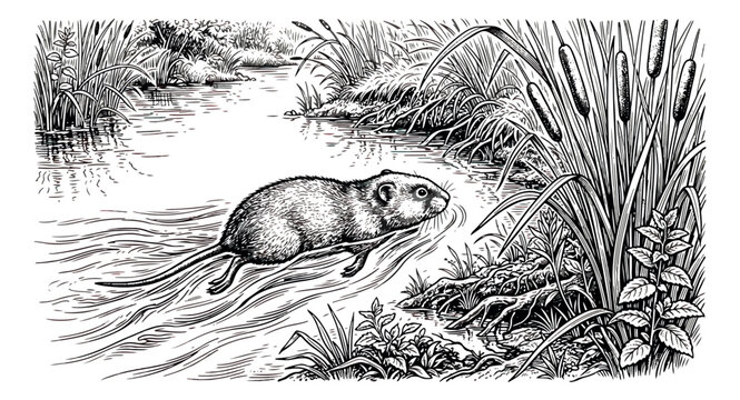 Vintage muskrat swimming in river vector illustration, antique woodcut style pond wildlife, black and white engraved nature scene with cattails
