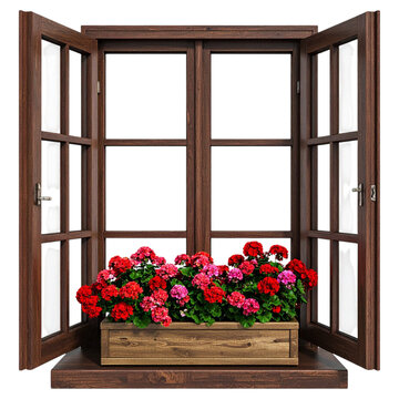 Side view open brown timber window frame with colorful red flower box decoration rustic cottage backyard perspective asset architectural interior design element
