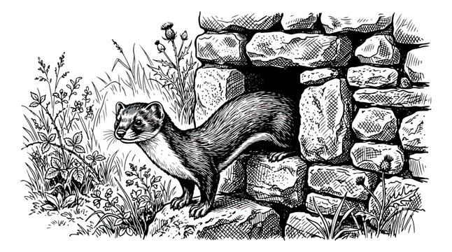 Vintage woodcut illustration of a weasel emerging from a stone wall, antique style stoat engraving, black and white wildlife sketch for nature books