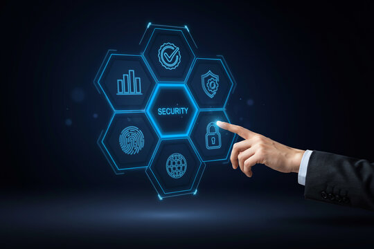 ​Hand touching a digital security interface with glowing hexagon icons representing data protection, biometrics, and secure network access technology concepts.