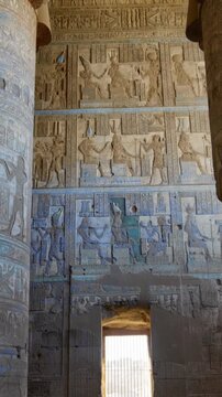 Dendera temple or Temple of Hathor. Painted columns with goddess faces and