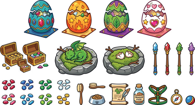 Fantasy magic items and dragon eggs collection for rpg game assets in flat cartoon style