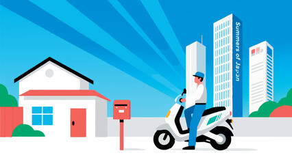 Obraz premium Vector illustration of delivery worker with scooter near house and city buildings