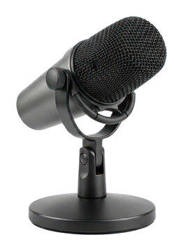 Black Dynamic Microphone on a Desk Stand. Professional Audio Equipment for Podcasting and Recording