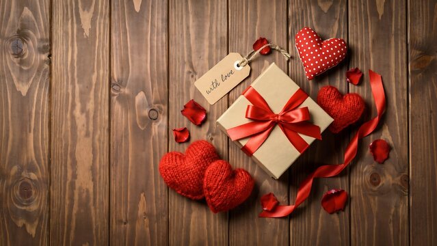 Valentine's day gift arrangement with hearts and rose petals
