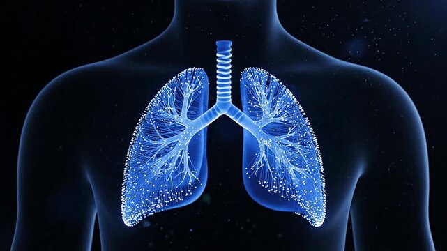 Stylized CGI Animation of Glowing Fiber-Optic Lungs Highlighting Intricate Respiratory Structures Against Dark Background
