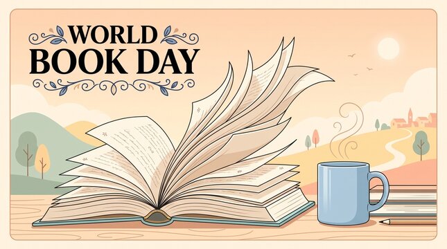 Celebrating world book day with open pages and a steaming cup