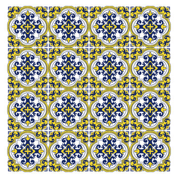 Padr&atilde;o ornamental azul i e amarelo inspirado na azulejaria portuguesa com arabescos entrela&ccedil;ados e elementos geom&eacute;tricos. Textura cont&iacute;nua sofisticada para decora&ccedil;&atilde;o, revestimentos e estampas
