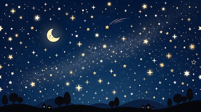 Cartoon Night Sky Background With Moon Stars Galaxy And Space Illustration Design