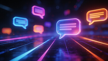 Glowing digital chat message icons floating in a futuristic virtual network, representing online communication, social media, messaging, and digital connectivity. © Curioso.Photography