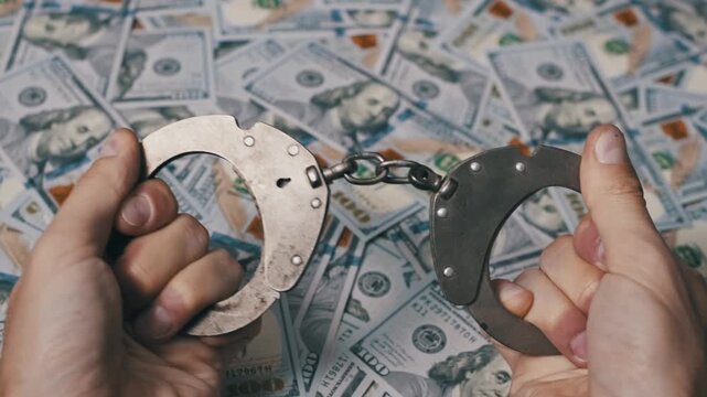 Top view hands holding open metal handcuffs over a background of scattered one hundred dollar US bills. The shallow depth of field emphasizes consequences for bribery and economic crime.