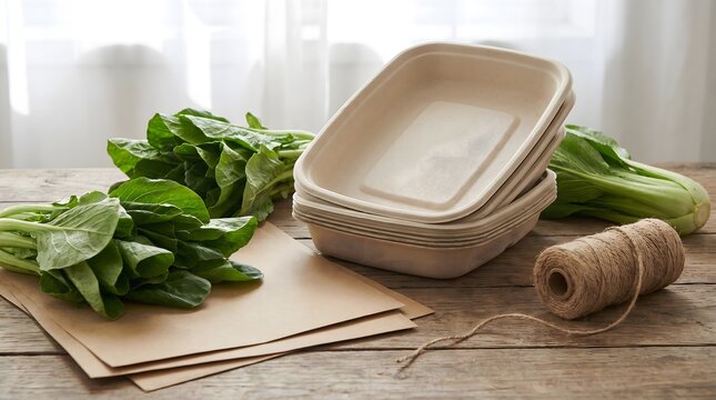 Sustainable Packaging and Fresh Produce: Eco-friendly sugarcane fiber containers paired with fresh organic greens on a rustic wooden table, embodying conscious living and mindful kitchen preparation.
